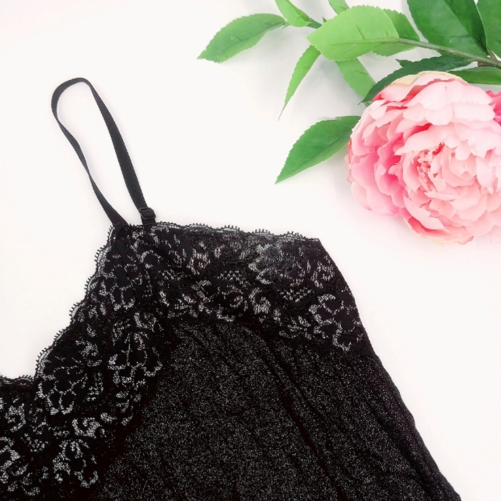 VANITY Y2k Glitter Accented Lace Trim Black Crinkled Stretch Fabric Cami M - Picture 3 of 10